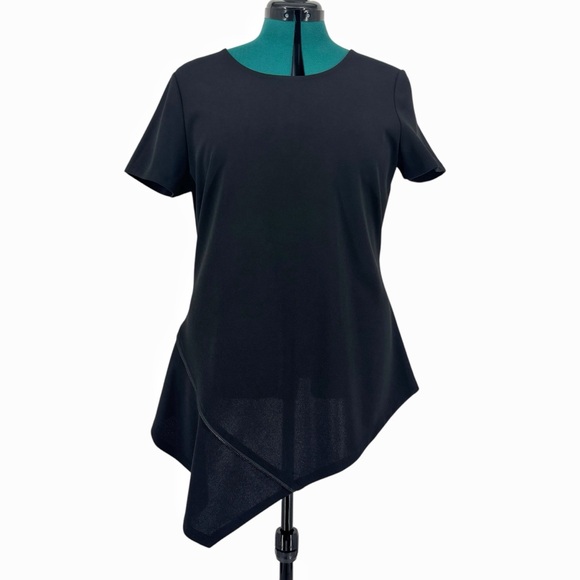 DKNY Black Asymmetrical Hem Short Sleeve Zipper Accent Top, Large - Picture 4 of 17